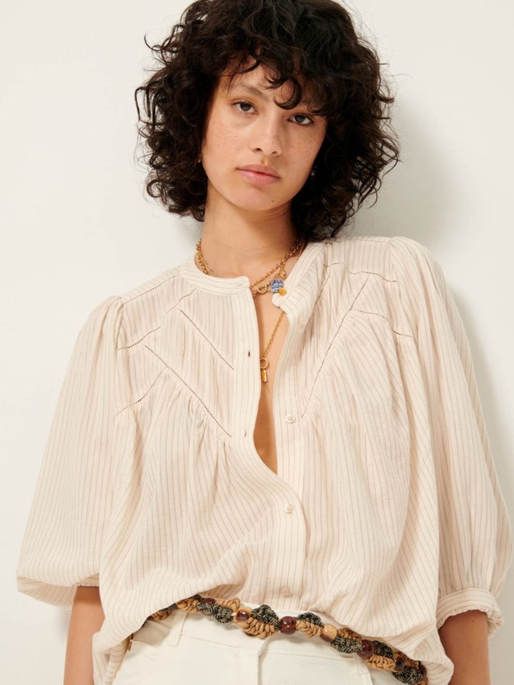 Sessun Savi Balloon Puff Sleeve Button-Up Cream Ivory Blouse Xs/Small Oversized